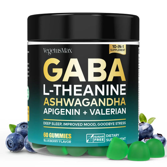 GABA L-Theanine Gummies, Sugar-Free Calm Gummies with L-Theanine, Ashwagandha,Valerian Root,Magnesium | Support Sleep,Stress Relief & Relaxation | GABA Supplement for Adult- Blueberry Flavor VEGETUSMAXAU supplements