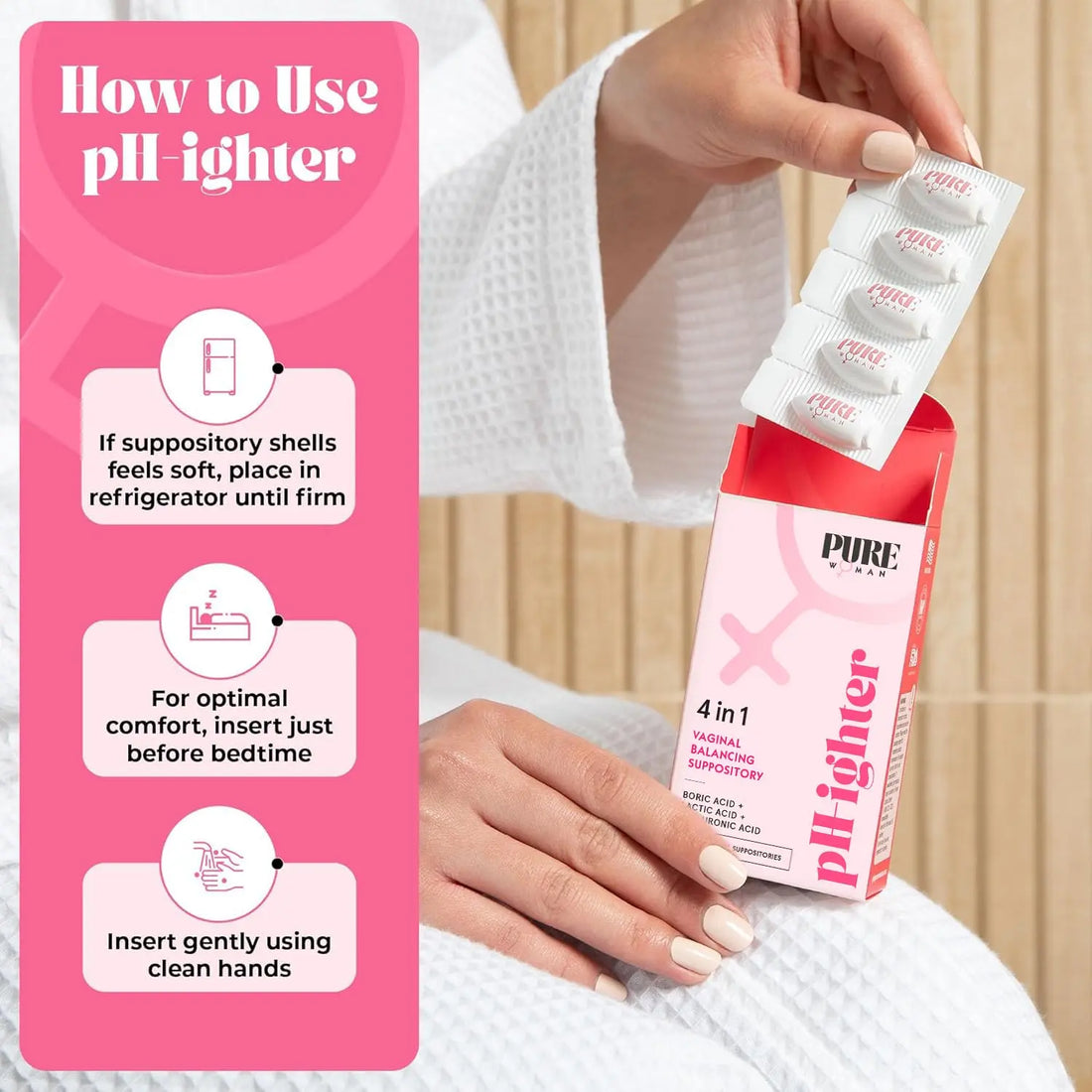 PURE WOMAN - pH-ighter Vaginal Boric Acid Suppositories for Women - Hyaluronic Acid - 4 in 1 Vaginal Suppositories for Discomfort, Dryness, Odor & pH Balance- Full Vaginal Health Care - 7pk PURE WOMAN Au supplements
