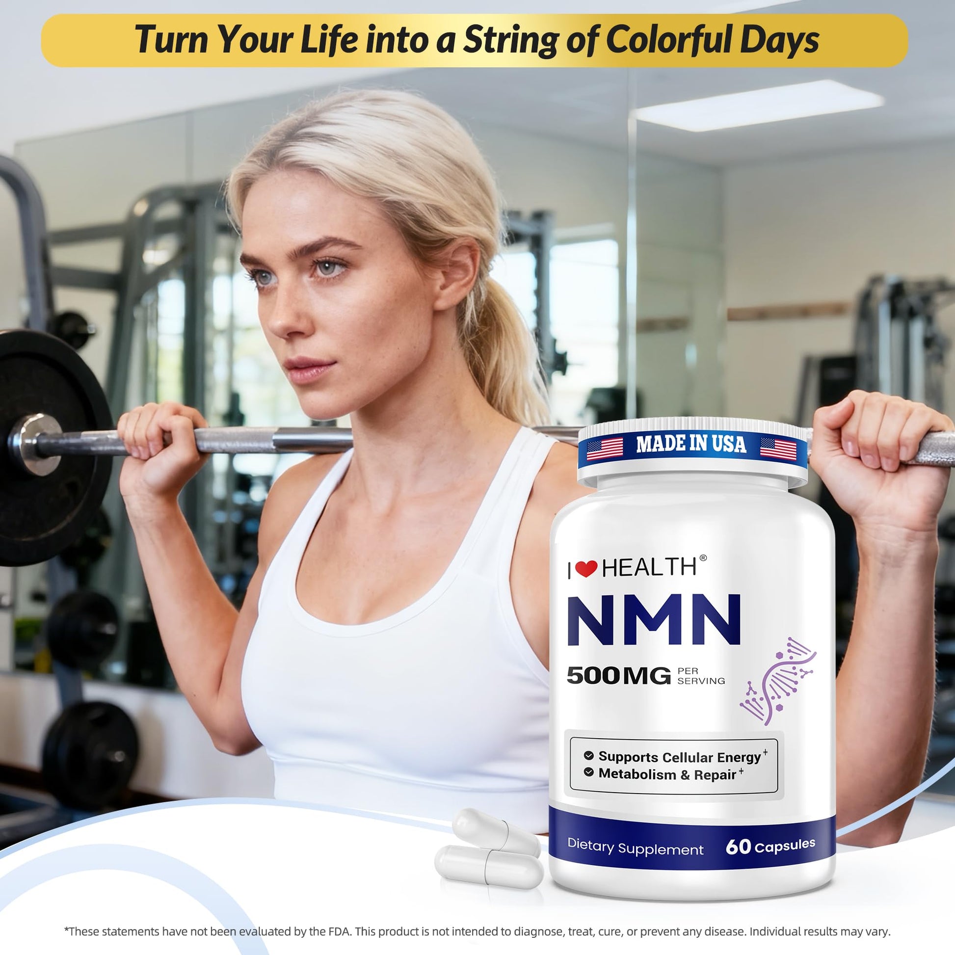 NMN 500MG Per Capsule – High Purity 99.9% NMN, NAD+ Support for Cellular Energy & Healthy Aging, 60 Capsules, Third-Party Tested, cGMP Made in USA I LOVE HEALTH Au supplements
