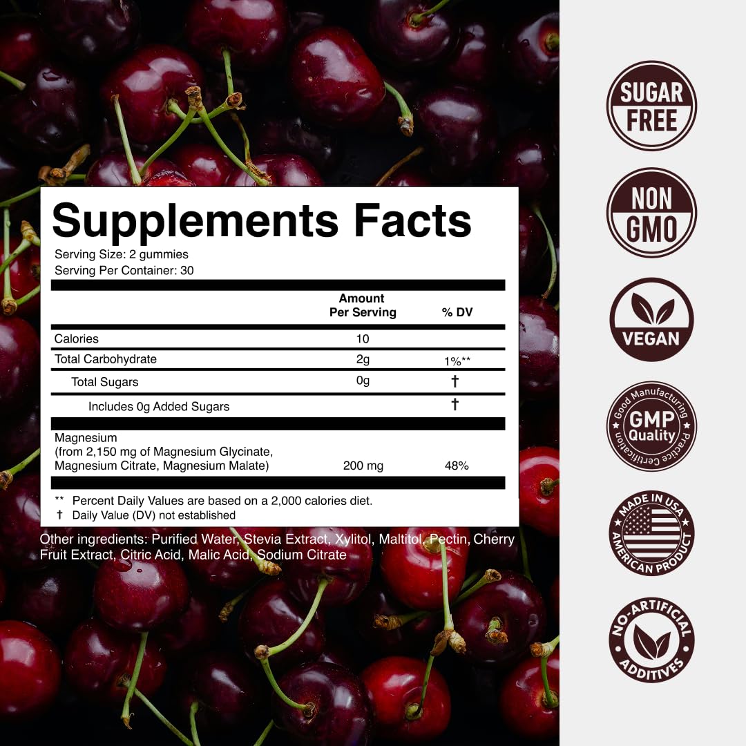 Magnesium Gummies 3in1 - Glycinate, Citrat, Malate 2150 MG High Absorption Supplement, Sugar-Free, Vegan, Chews for Men & Women, Inspired by Wellness Traditions Like Arjuna, 60 Gummies, Cherry Flavor Secret Element Au supplements