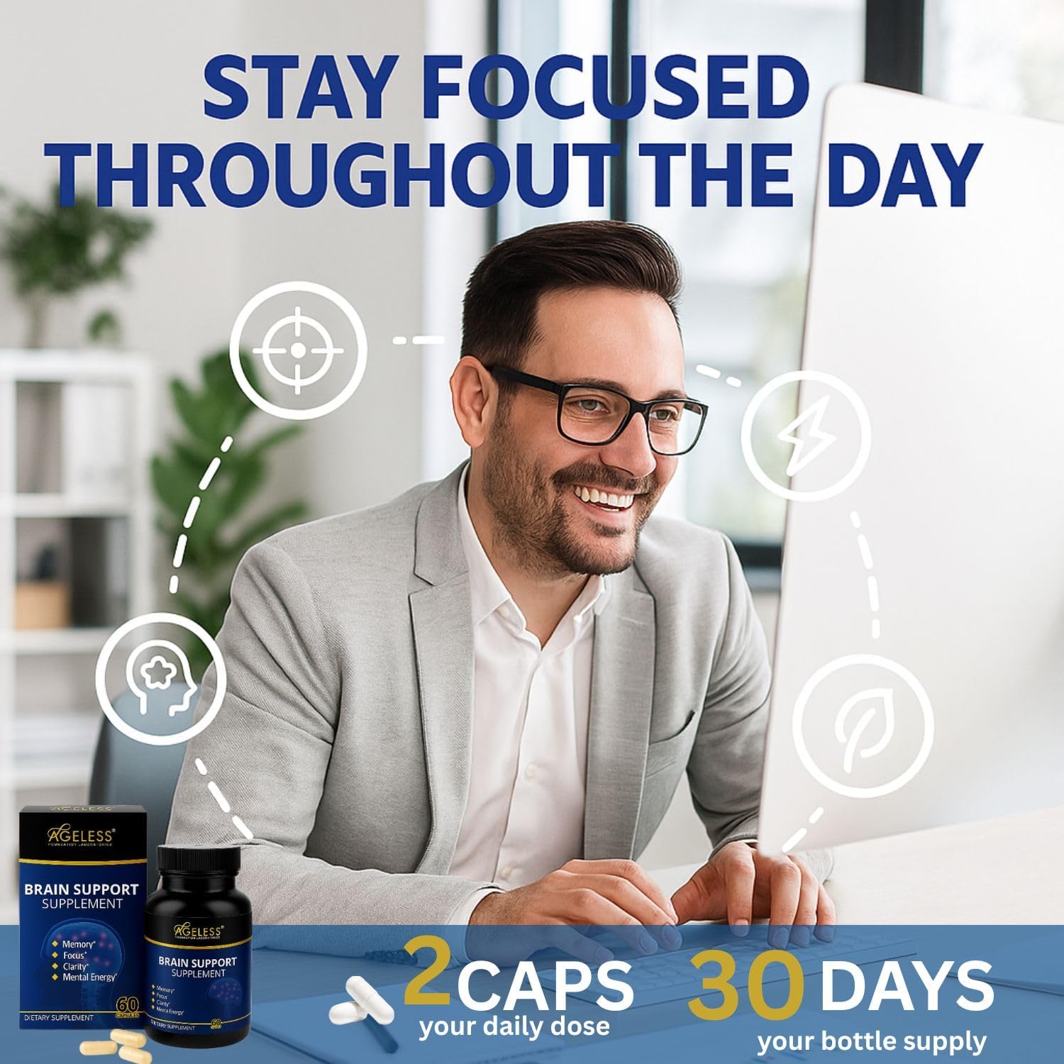 Ageless Brain Supplements for Memory and Focus 1000 MG | Cognitive Improvement | Formulated with Clinically Studied Ingredients | Support Mental Clarity & Neuro Health | Vitamin B6, B12, 60 Capsules Ageless Foundation Laboratories Au supplements