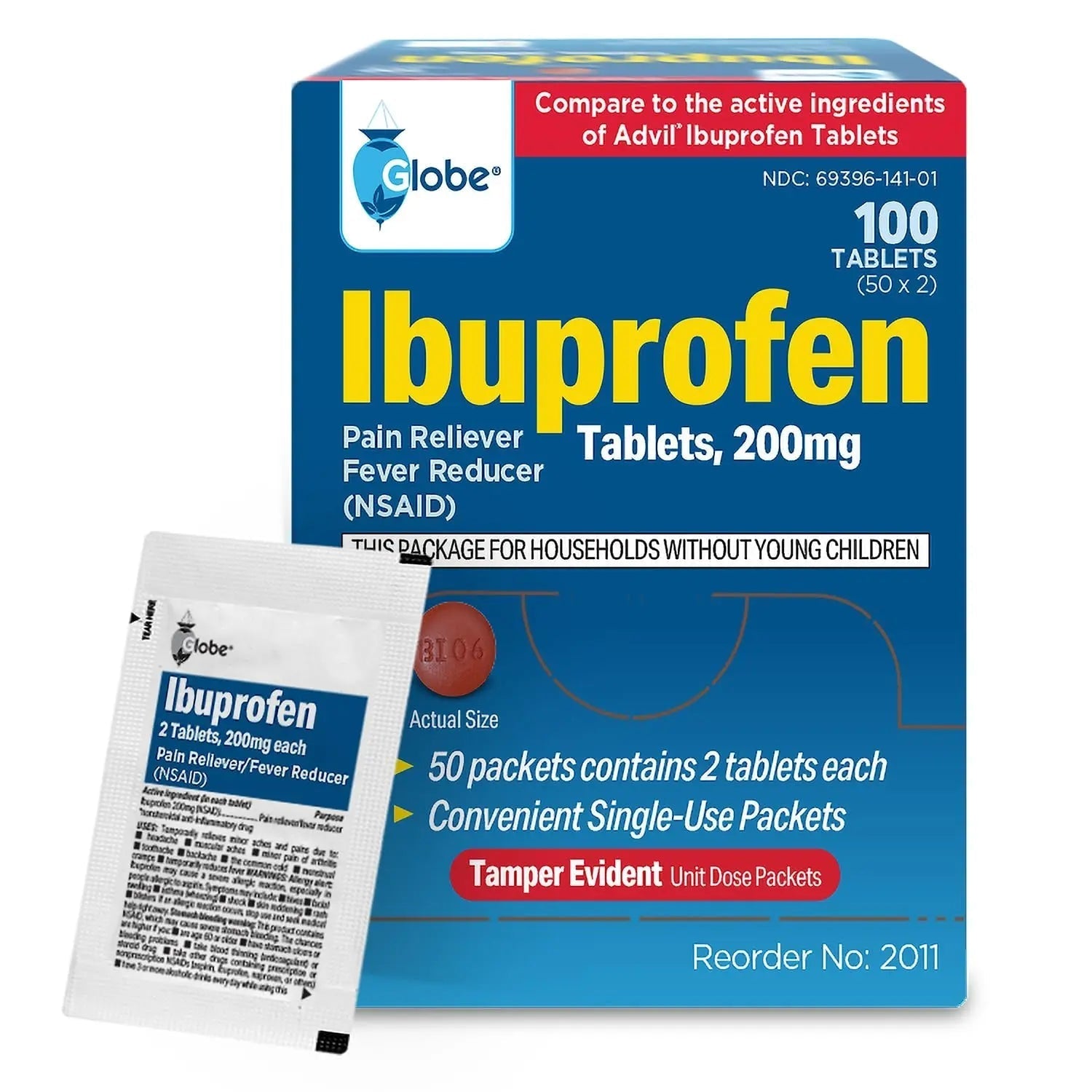 Globe Ibuprofen Tablets, 200 mg, Pain Reliever and Fever Reducer, for Headache, Muscular Aches, Arthritis, Backache and More 50 Packets of 2 Tablets Each,100 Tablets Trifecta Pharmaceuticals USA Au supplements