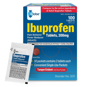 Globe Ibuprofen Tablets, 200 mg, Pain Reliever and Fever Reducer, for Headache, Muscular Aches, Arthritis, Backache and More 50 Packets of 2 Tablets Each,100 Tablets Trifecta Pharmaceuticals USA Au supplements