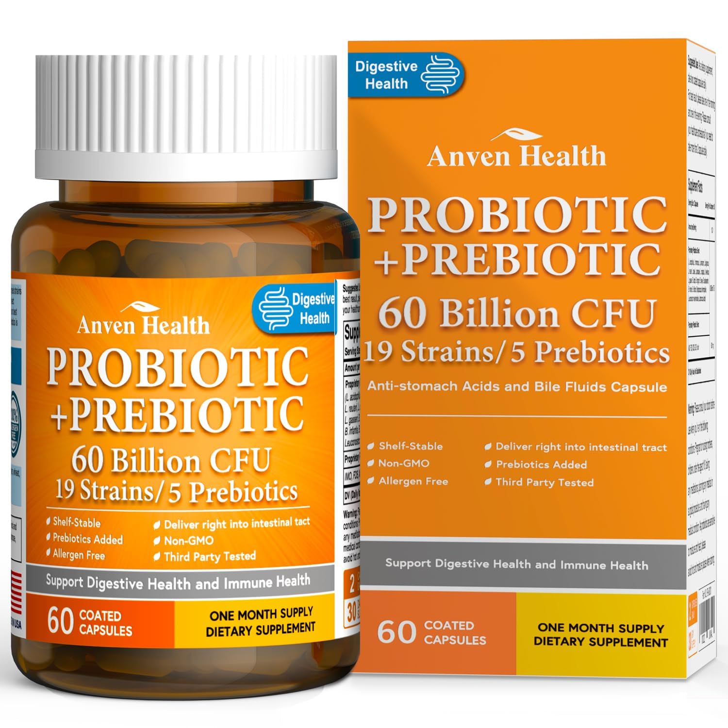 Anven Health 60 Billion Probiotic and Prebiotic for Women and Men - 19 Strains 5 Organic Prebiotics for Gut Digestive & Immune Health, Supports Diarrhea Gas Bloating, Non-GMO – Made in USA丨60 Caps Anven Health Au supplements