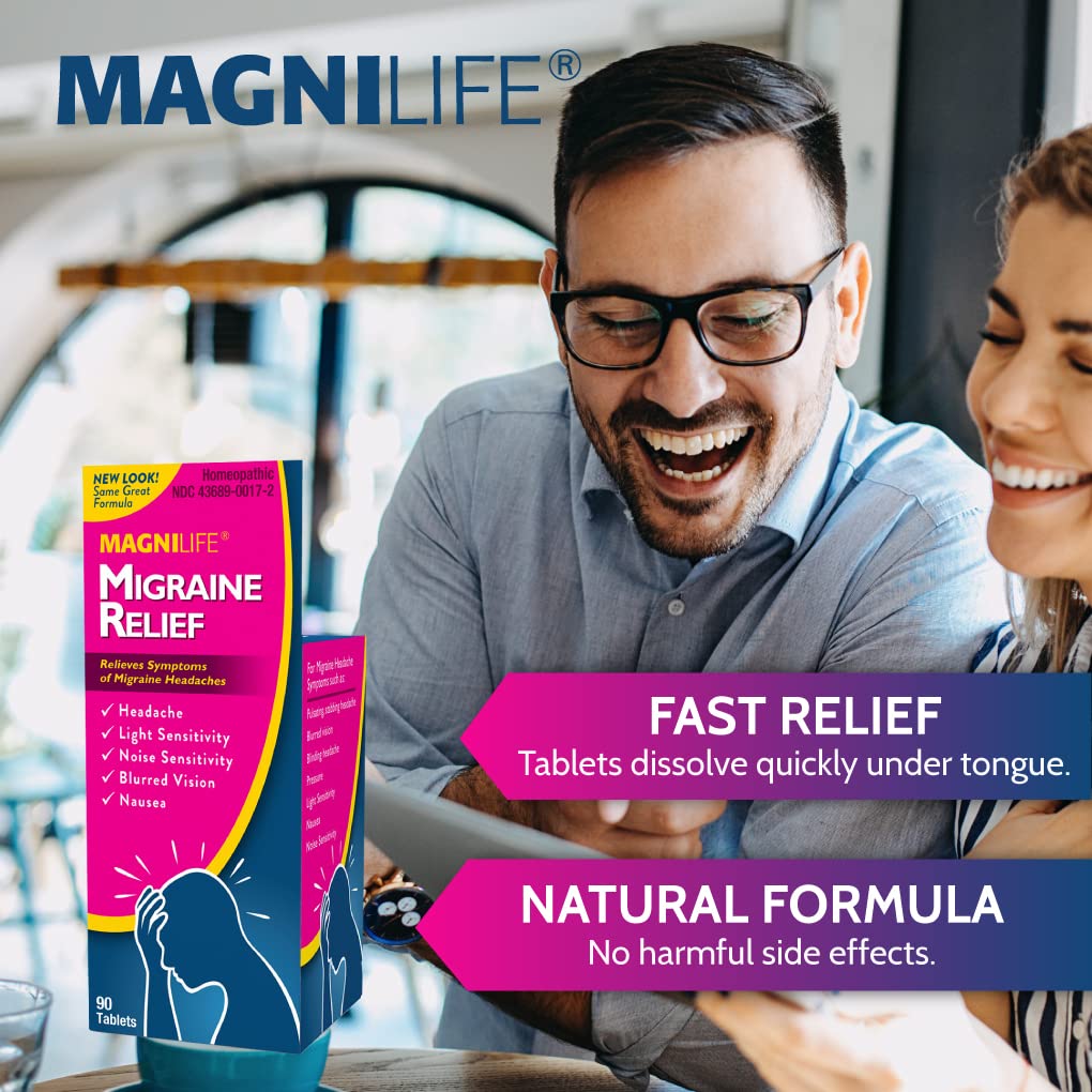 MagniLife Migraine Relief, Non-Habit Forming, 90 Homeopathic Tablets, Migraine Medicine for Light & Sound Sensitivity, Nausea, Blurred Vision & Pressure, Quick-Dissolve Headache Pain Relief MagniLife Au supplements