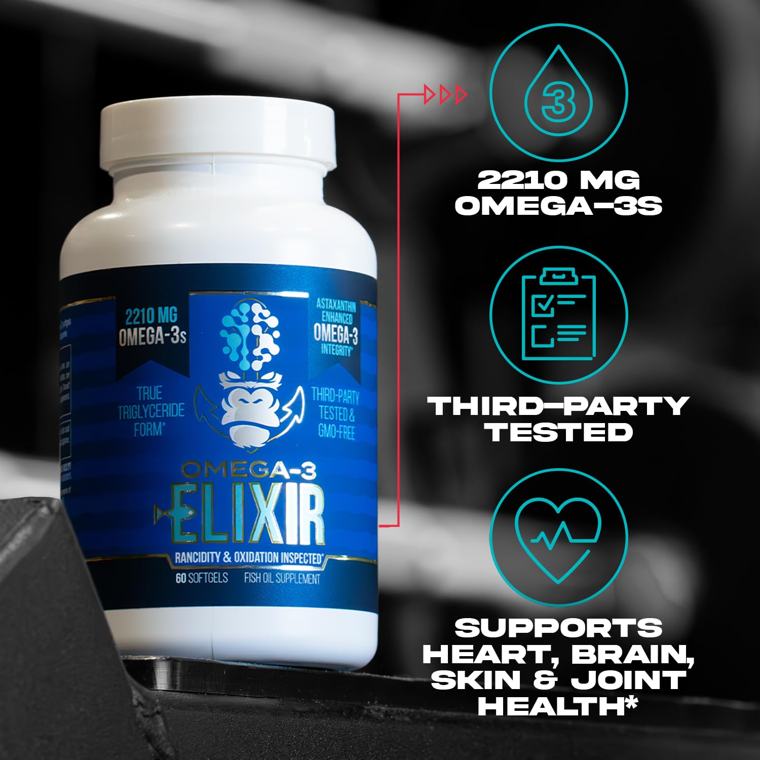 Gorilla Mind Omega-3 Elixir™ | 2210mg Fish Oil Re-Esterified Triglyceride Form | EPA, DHA + 2 Fatty Acids | Astaxanthin Infusion for Bolstered Integrity | 3rd Party & Rancidity Tested | 60 Softgels Gorilla Mind Au supplements