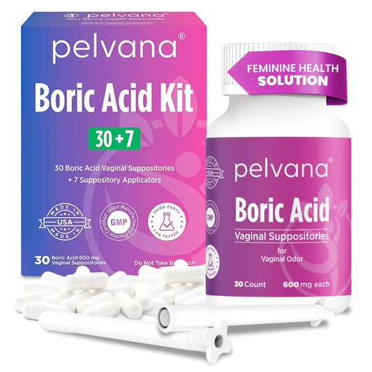 Pelvana Boric Acid Suppositories for Women - 30 Count + 7 Applicators - 600mg Boric Acid Capsules for Vaginal Odor Use PelvanaAU supplements