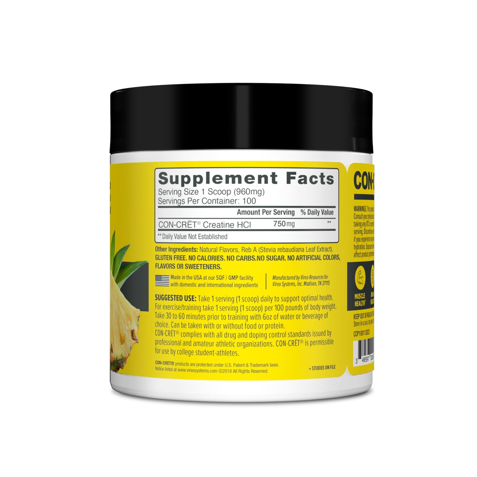 CON-CRET Creatine HCl Powder | Muscle, Cognitive, Cellular Energy Support | No Bloating or Cramps | USA Made & NSF Certified | Pineapple (100 Serving) CON-CRET Au supplements