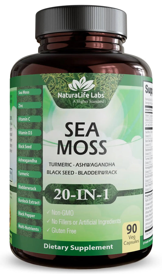 Sea Moss, Black Seed Oil, Bladderwrack, Turmeric, Ashwagandha, Burdock, Vitamin C, D3, Yellow Dock Root, Manuka, Dandelion - 90 Veggie caps NaturaLife LabsAU supplements
