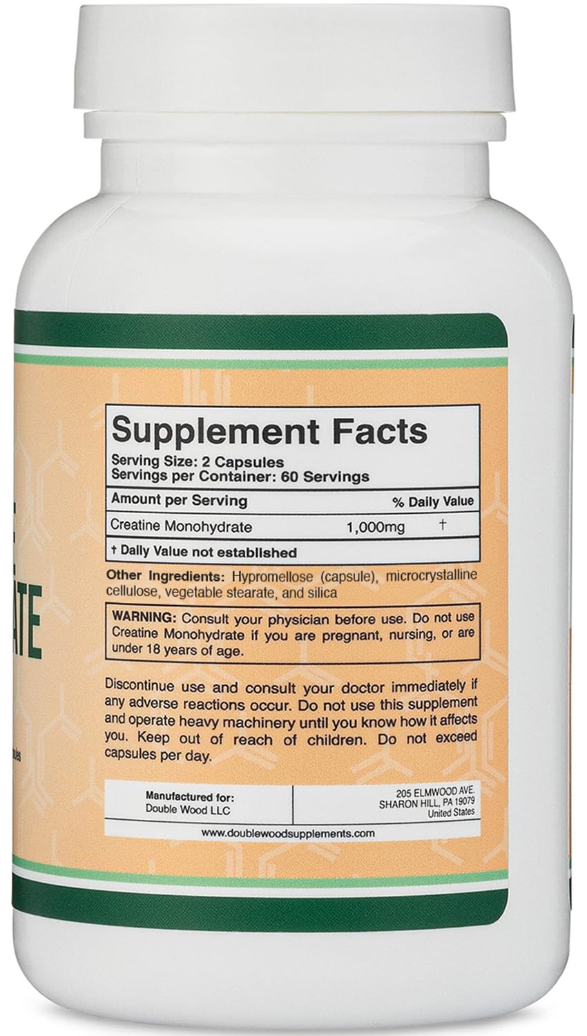 Creatine Monohydrate Capsules - 1g per Serving, 120 Count - No Fillers, Vegan Safe, Non-GMO, Gluten Free by Double Wood (Pack of 2) Double Wood SupplementsUS supplements