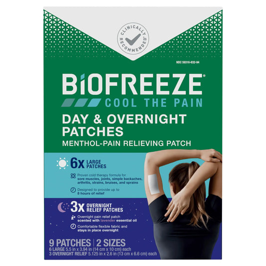 Biofreeze Day & Overnight Pain Relief Patches, Menthol Pain Patches for Arthritis & Muscle Pain Relief, Comfortable & Flexible Fabric Stays in Place, 9 Patches (6 Day, 3 Night) BiofreezeAU supplements