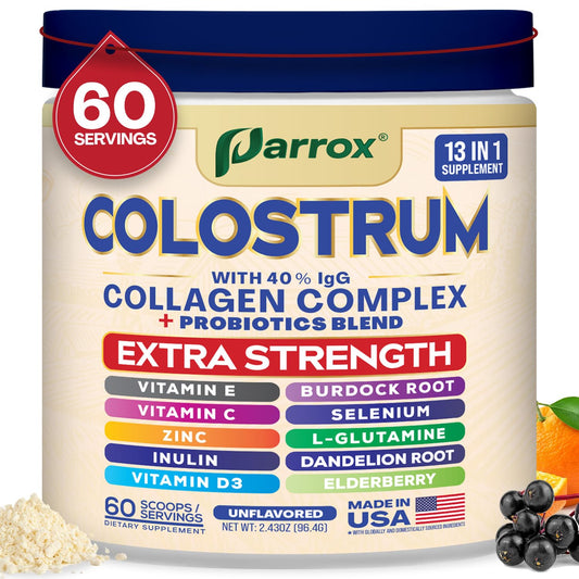 Parrox Colostrum Powder with 40% IgG, Collagen, Probiotics, Burdock Root, L-Glutamine, Elderberry, Vitamin C, Vitamin E, Vitamin D3, Inulin, Selenium, Dandelion Root, Zinc, 60 Servings (Unflavored) ParroxAu supplements