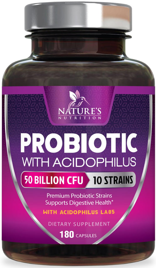 Probiotics for Digestive Gut Health - 50 Billion CFU Per Capsule, 10 Premium Strains & Prebiotics - Best Probiotics for Women & Men, Occasional Constipation, Gas, Immune Health Support - 180 Capsules Nature's NutritionUS supplements