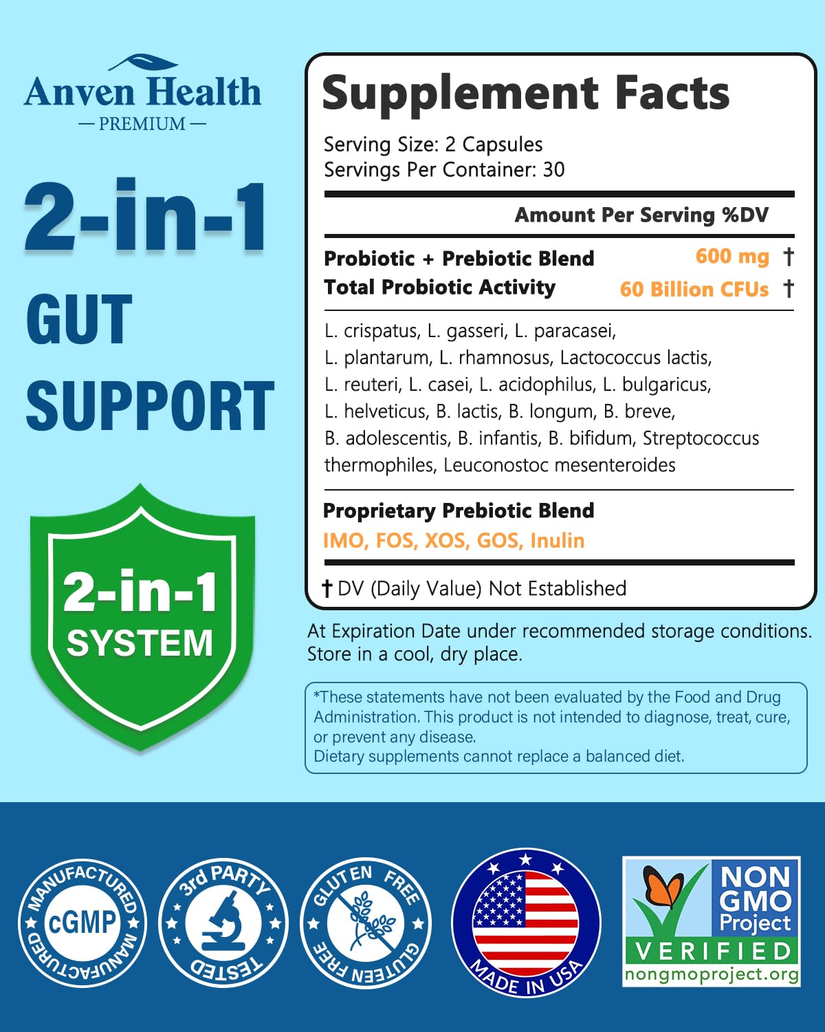 Anven Health 60 Billion Probiotic and Prebiotic for Women and Men - 19 Strains 5 Organic Prebiotics for Gut Digestive & Immune Health, Supports Diarrhea Gas Bloating, Non-GMO – Made in USA丨60 Caps Anven Health Au supplements