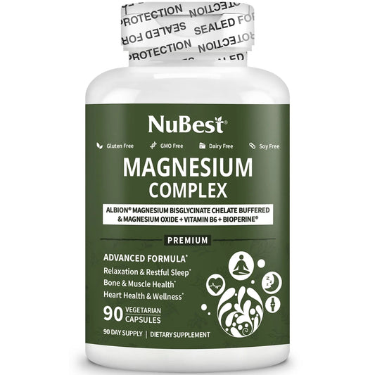 Magnesium Glycinate Chelate Complex with Albion Magnesium Bisglycinate Chelate, Vitamin B6 & BioPerine for Bone, Muscle, Natural Sleep, NuBest