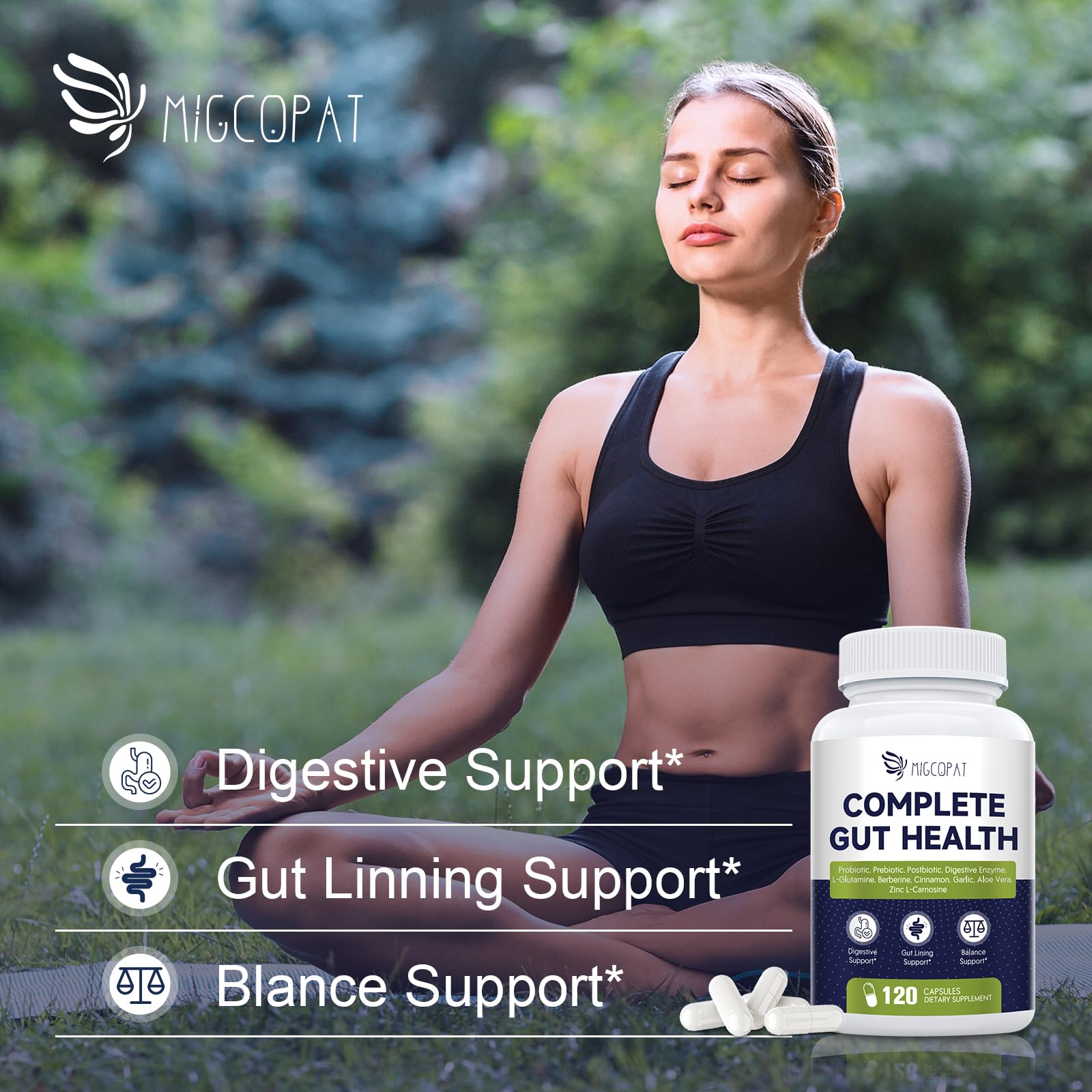 Migcopat Probiotic Prebiotic, Postbiotic & Digestive Enzymes for Digestive Health, 80 Billion CFU Probiotics Complete Gut Support with Berberine, Cinnamon, L-Glutamine, for Men & Women, 120 Capsules Migcopat Au supplements