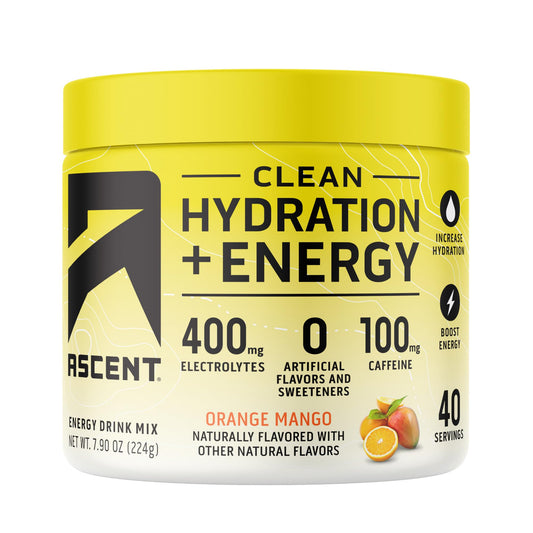 Ascent Clean Hydration + Energy Electrolytes Powder - 100mg Caffeine, 400mg Electrolytes, No Artificial Ingredients, Orange Mango 40 Servings AscentUS supplements