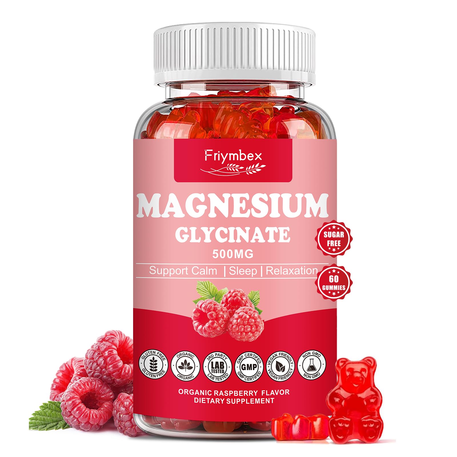 Magnesium Glycinate Gummies 500mg | Relaxation Calm Magnesium Gummies | Sugar-Free | Non-GMO | Gluten-Free | Vegan-Friendly for Adults & Kids (60 Raspberry Gummies) Friymbex Au supplements