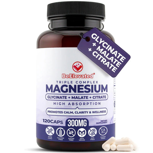BeElevated High Absorption Triple Magnesium Complex for Sleep, Relaxation & Muscle Support – 300mg of Magnesium Glycinate, Citrate & Malate BeElevated