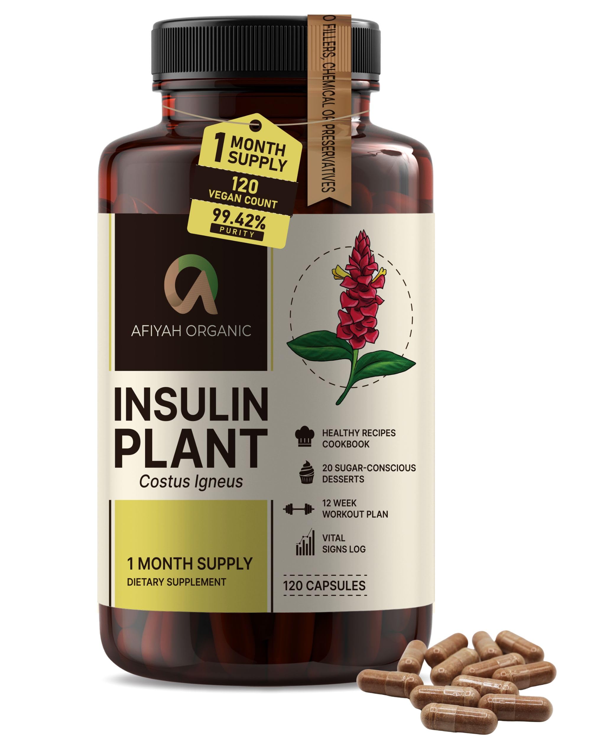 Afiyah Organic - Premium Quality Costus Igneus (Insulin Plant) Capsules - Easy to Swallow 120 Veggie Capsules (1 Month Supply) - Made in the USA - Including Complete Health Support Program Afiyah Organic Au supplements