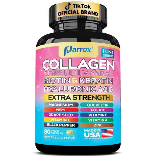 Parrox Collagen Peptides Types I, II, III, V & X, MCG Biotin, Keratin, Hyaluronic Acid, MSM, Zinc, Grape Seed Extract, Quercetin, Vitamin A, Vitamin C, ParroxAU supplements