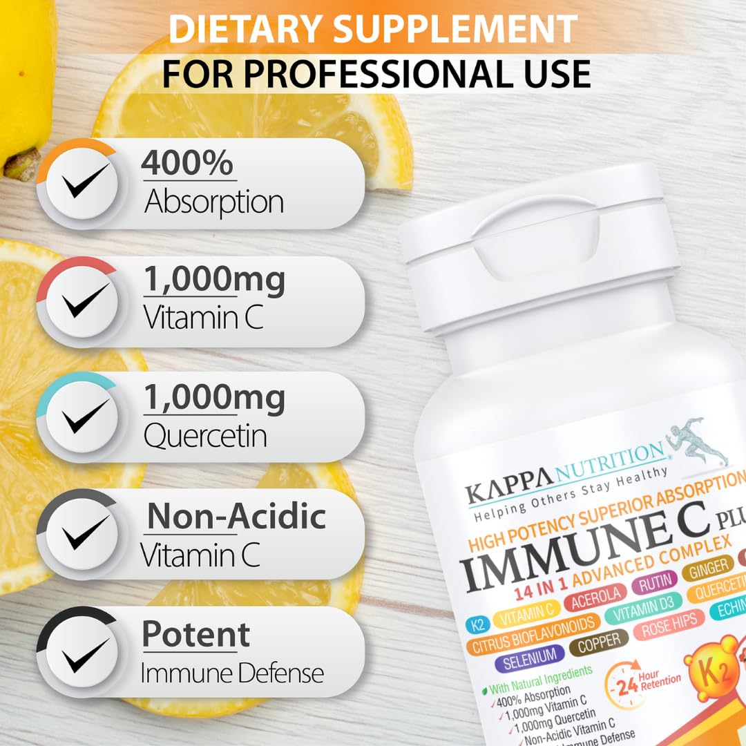 Quercetin 1,000mg, Vitamin C 1,000mg, Zinc 50mg, Vitamin D3 5,000iu, Selenium, Copper, Acerola, Ginger, Rutin, Bitter Orange, Rose Hips, Echinacea, Immune C Plus, 14 in 1 Immune C Plus (90 Count) KAPPA NUTRITION Au supplements