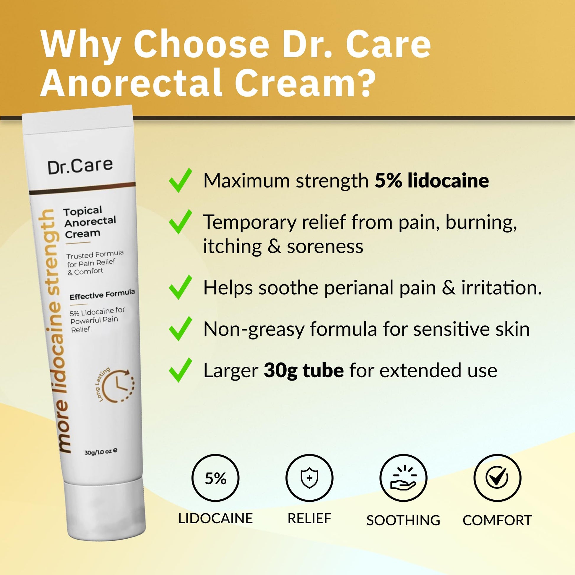 Dr Care Anorectal Cream with 5% Lidocaine - Maximum Strength Topical Anesthetic for Hemorrhoid Relief, Itching, & Burning (1.0 oz) Dr Care Au supplements