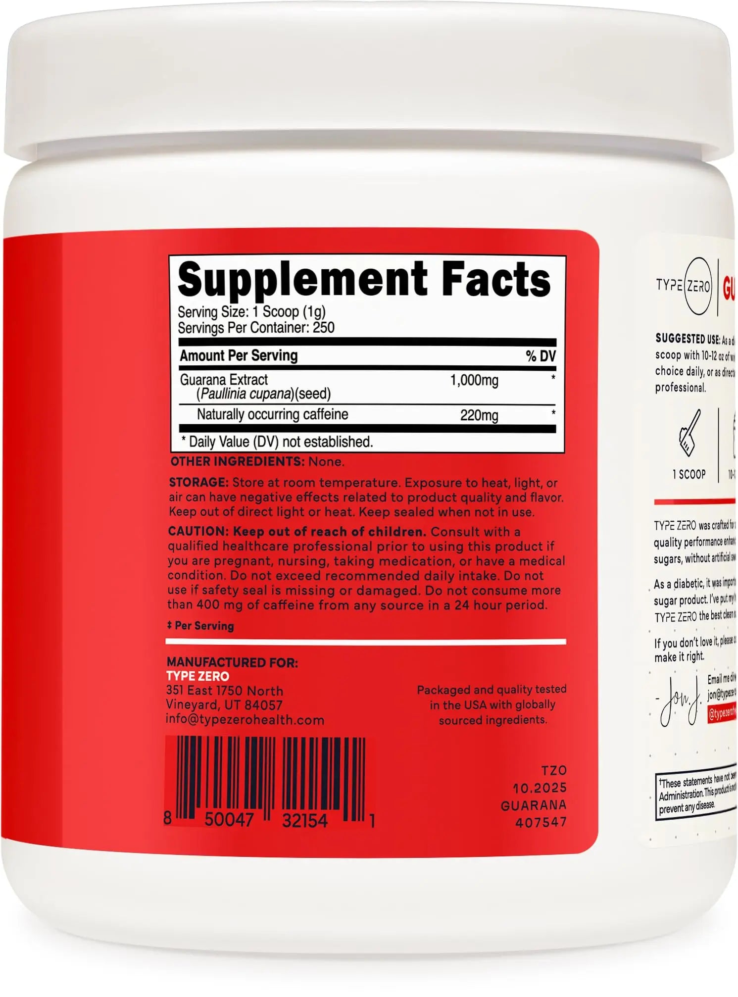 Type Zero Clean Guarana Powder Drink Mix (250 Servings, Unflavored) - 220 MG Caffeine Per Serving, Natural Caffeine, Non GMO, Gluten Free Type Zero Au supplements