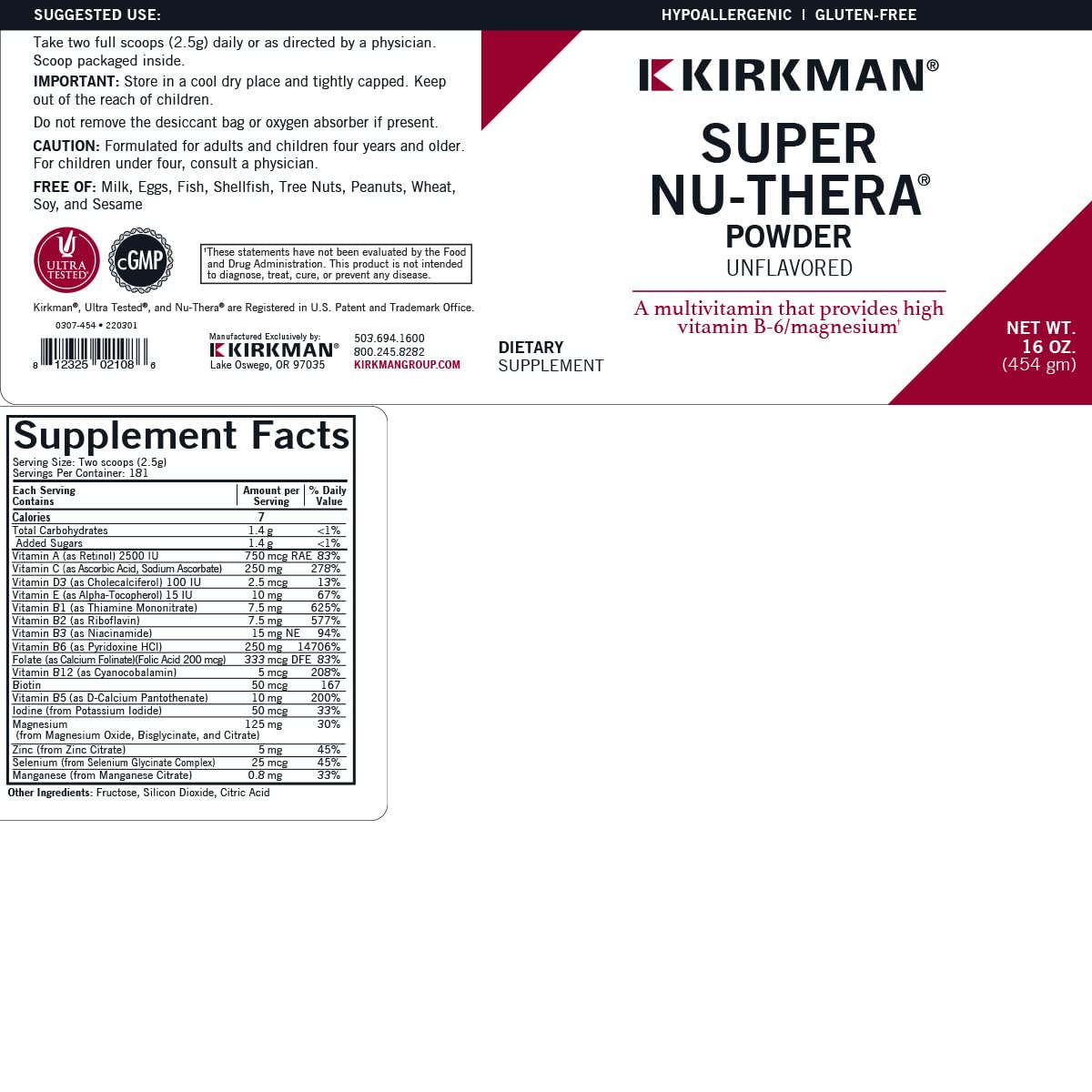 Super Nu-Thera Powder - Hypoallergenic - Unflavored - 16 Ounces Kirkman Au supplements