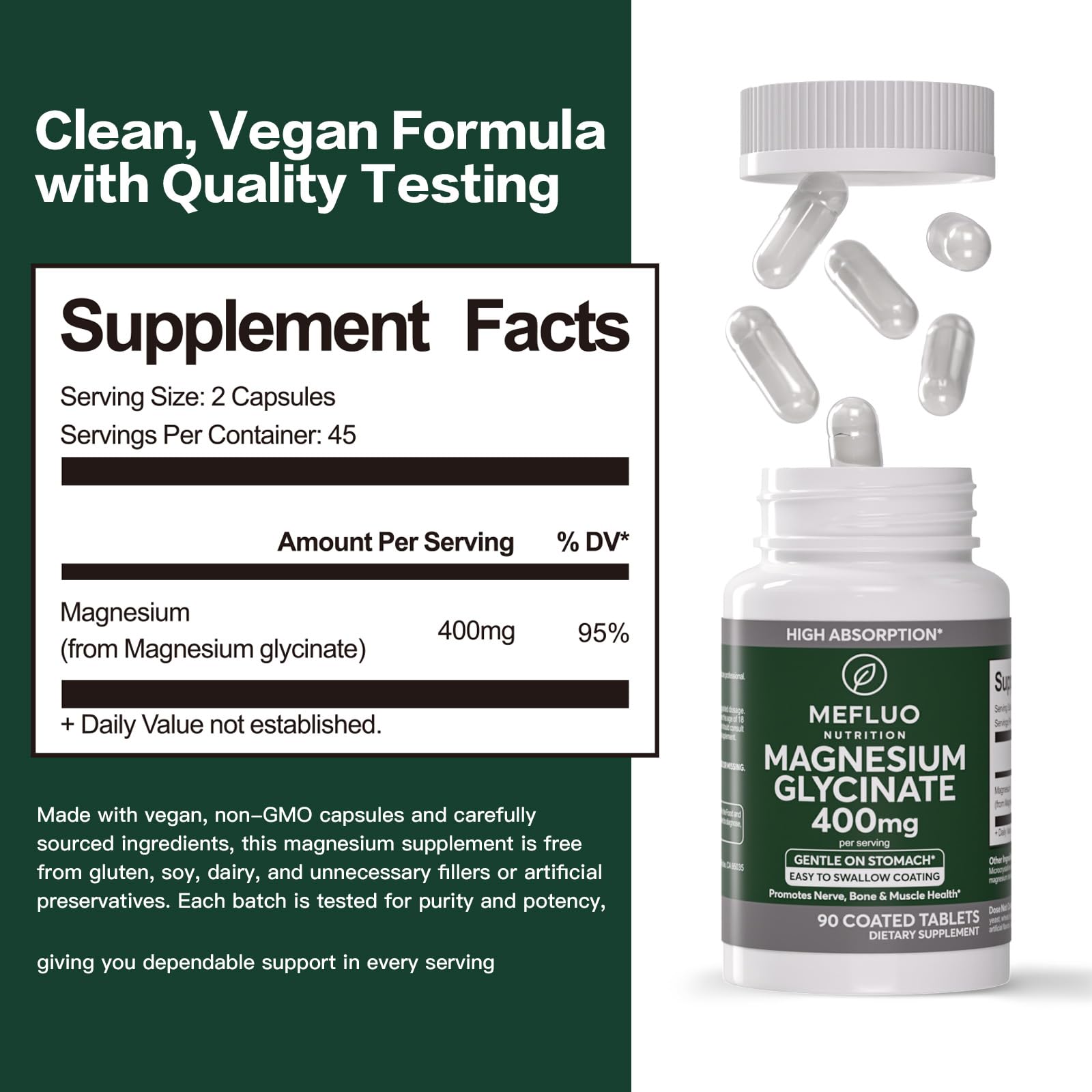 Magnesium Glycinate 400mg – High Absorption Magnesium Supplement for Muscle, Nerve & Sleep Support – Gentle on Stomach, Non-GMO, Vegan Capsules, 90 Count Mefluo Au supplements