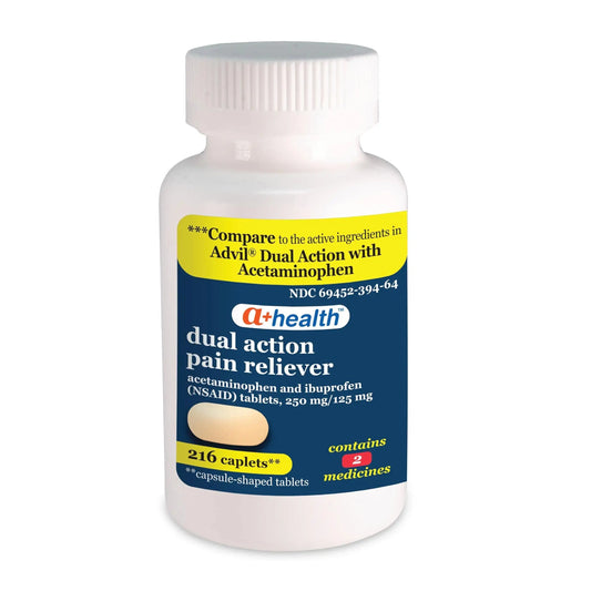 A+Health Dual Action Acetaminophen 250 mg and Ibuprofen (NSAID) 125mg Pain Reliever Caplets, 216 Count, 2 Medicines in 1 Caplet, Up to 8 Hours of Pain Relief A+HealthAu supplements