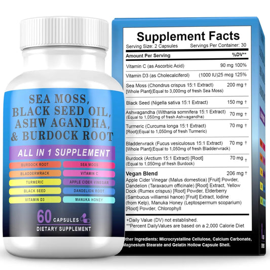 Pyzor Sea Moss Black Seed Oil Ashwagandha Turmeric Bladderwrack Burdock, Elderberry Manuka Dandelion, Burdock Root Turmeric Vitamin D3 Chlorophyll - 60 Capsules PyzorAu supplements