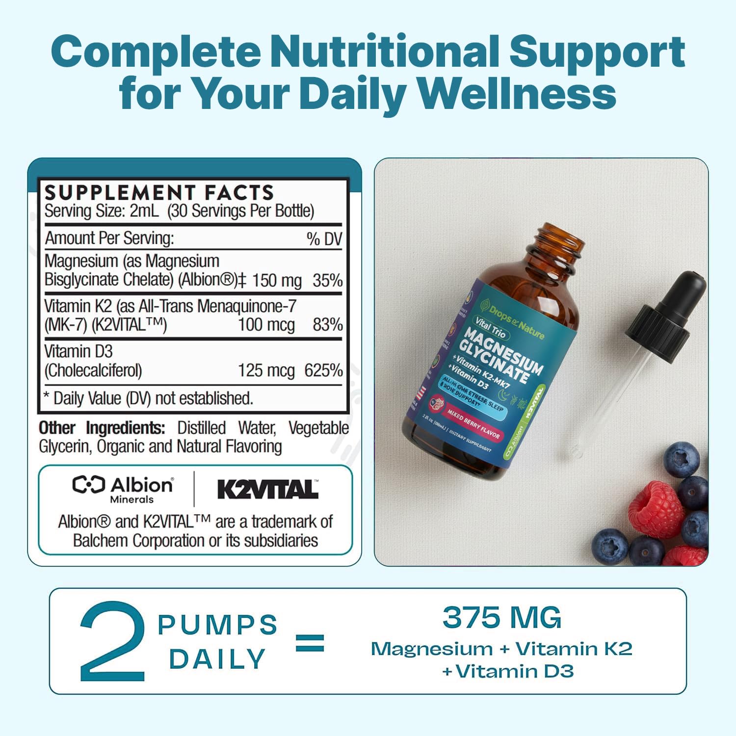 Magnesium Glycinate, Vitamin K2 & D3 Supplement – GMO-Free – VIT D MK7 K2 Vitamin Supplement & Magnesium Blend – with Nutrients for Bone Nutrition & Cardiovascular Function (Mixed Berry, 60 mL) Drops Of Nature Au supplements