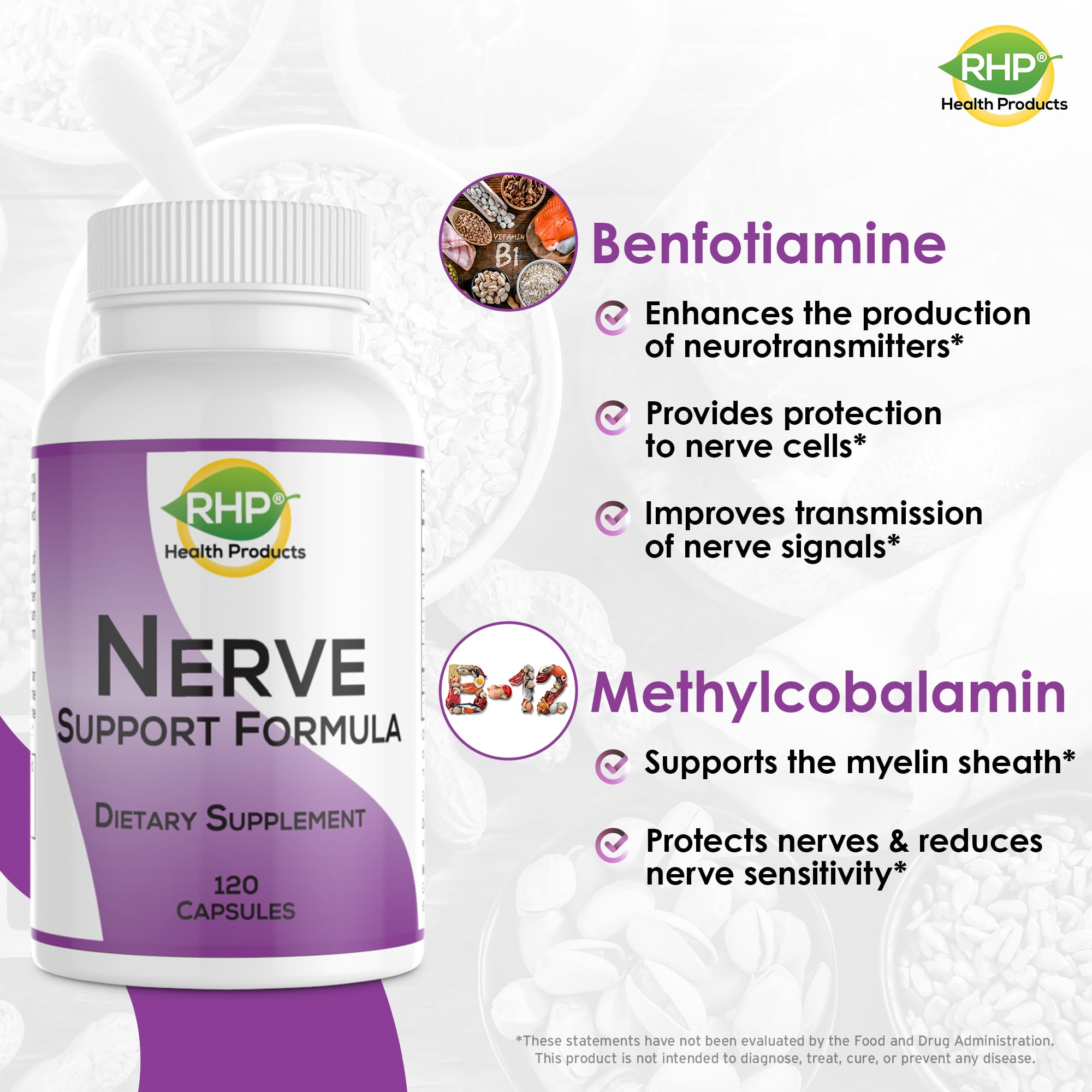 RHP Nerve Support Formula. Nutritional Support of Neuropathy, Nerve Relief from Aches, Nerve Pain & Discomfort. B-Complex with Benfotiamine and Methyl B12. 120 Capsules RHP Au supplements