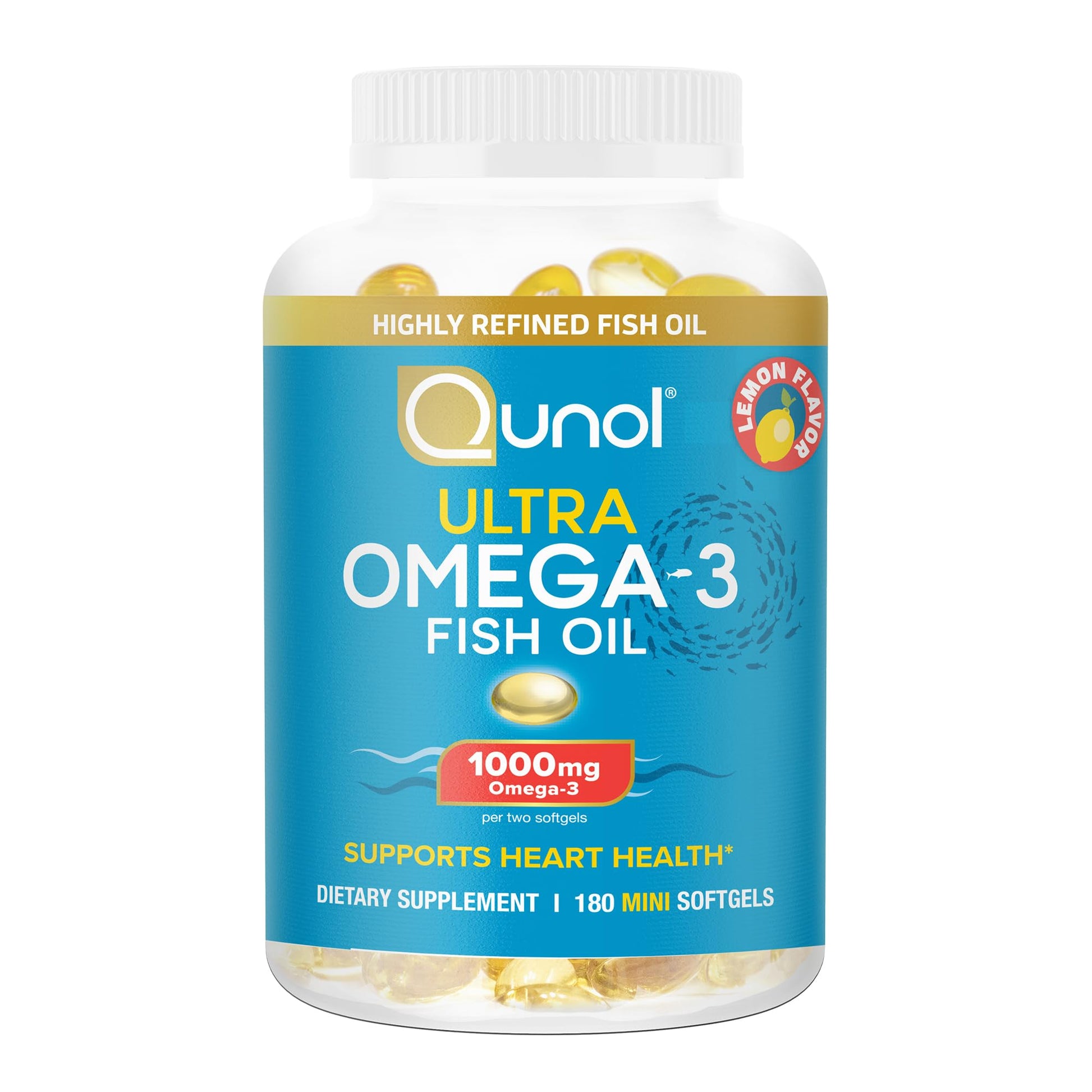 Qunol Fish Oil Omega 3 Mini Softgels, 1000mg Omega 3 EPA + DHA, Ultra Pure Supplements, Heart Health Support, Lemon Flavor, Easy to Swallow Minis, 3 Month Supply, 180 Count Qunol Au supplements
