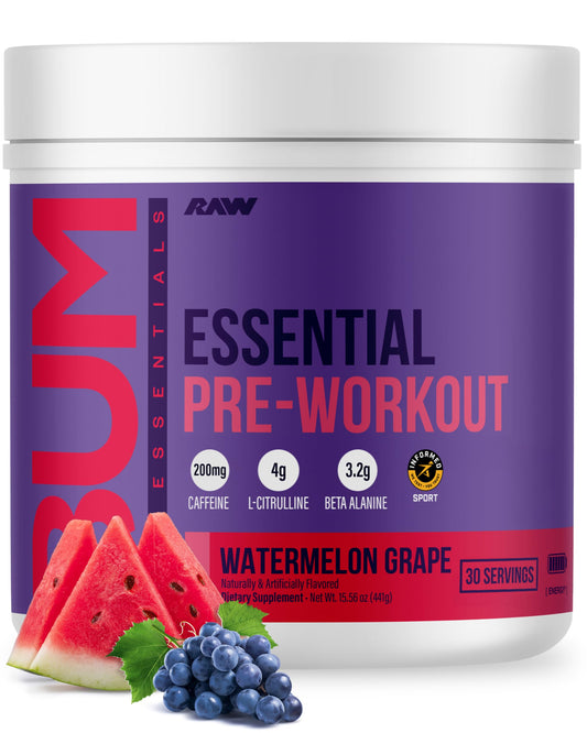 RAW Essential Pre-Workout Powder (Watermelon Grape) - Chris Bumstead Sports Nutrition Supplement for Men & Women - Preworkout Energy Powder with Caffeine, L-Citrulline, RAWUS supplements