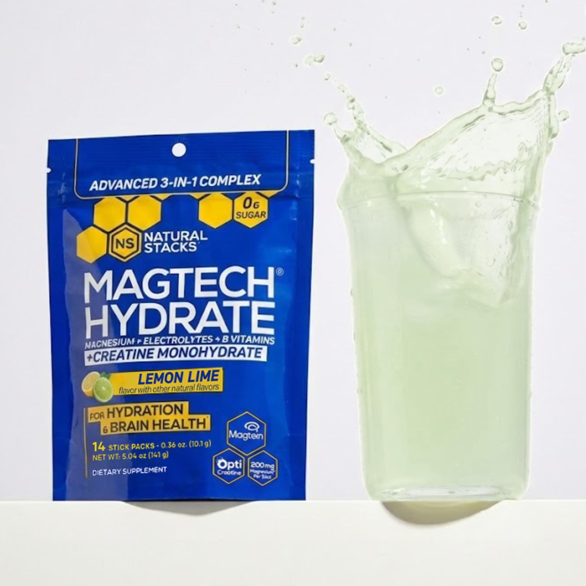 NATURAL STACKS Magtech Magnesium Hydrate + Creatine - Sugar Free Electrolyte Drink - Magtein Magnesium L-Threonate, Glycinate & Taurate - Supports Hydration & Cellular Energy - 14 Hydration Packets NATURAL STACKS Au supplements