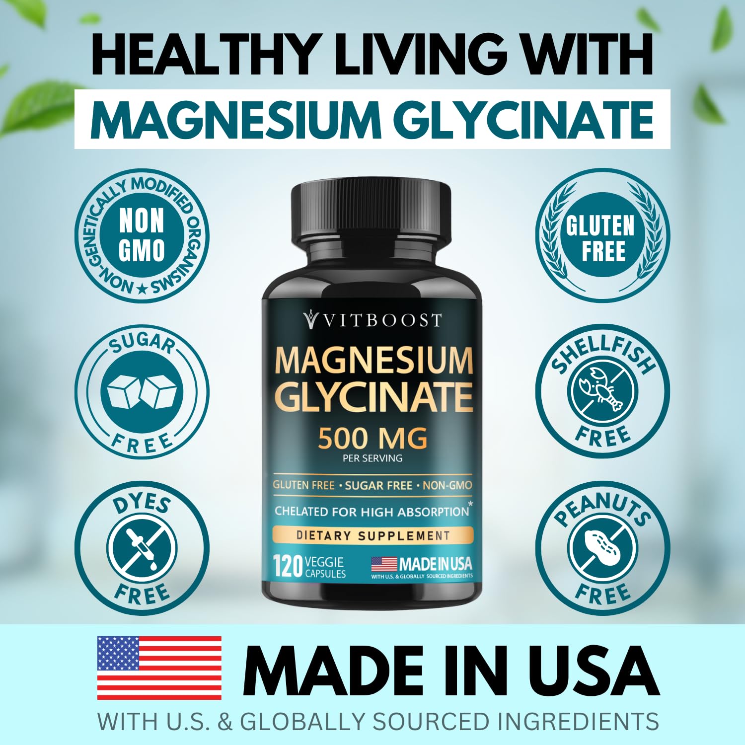 VITBOOST Magnesium Glycinate 500mg - High Absorption Chelated Supplement - Supports Sleep, Muscle Recovery & Heart Health - Non-GMO, Vegan - 120 Capsules - Made in USA VITBOOST Au supplements