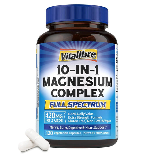 Vitalibre 10 in 1 Magnesium Complex, 420mg Elemental Magnesium | Ultra Strength, Max Absorption | Chelated Magnesium Supplement for Nerves, Bone & Heart Health | Non-GMO, 120 Vegan Capsules VitalibreAu supplements