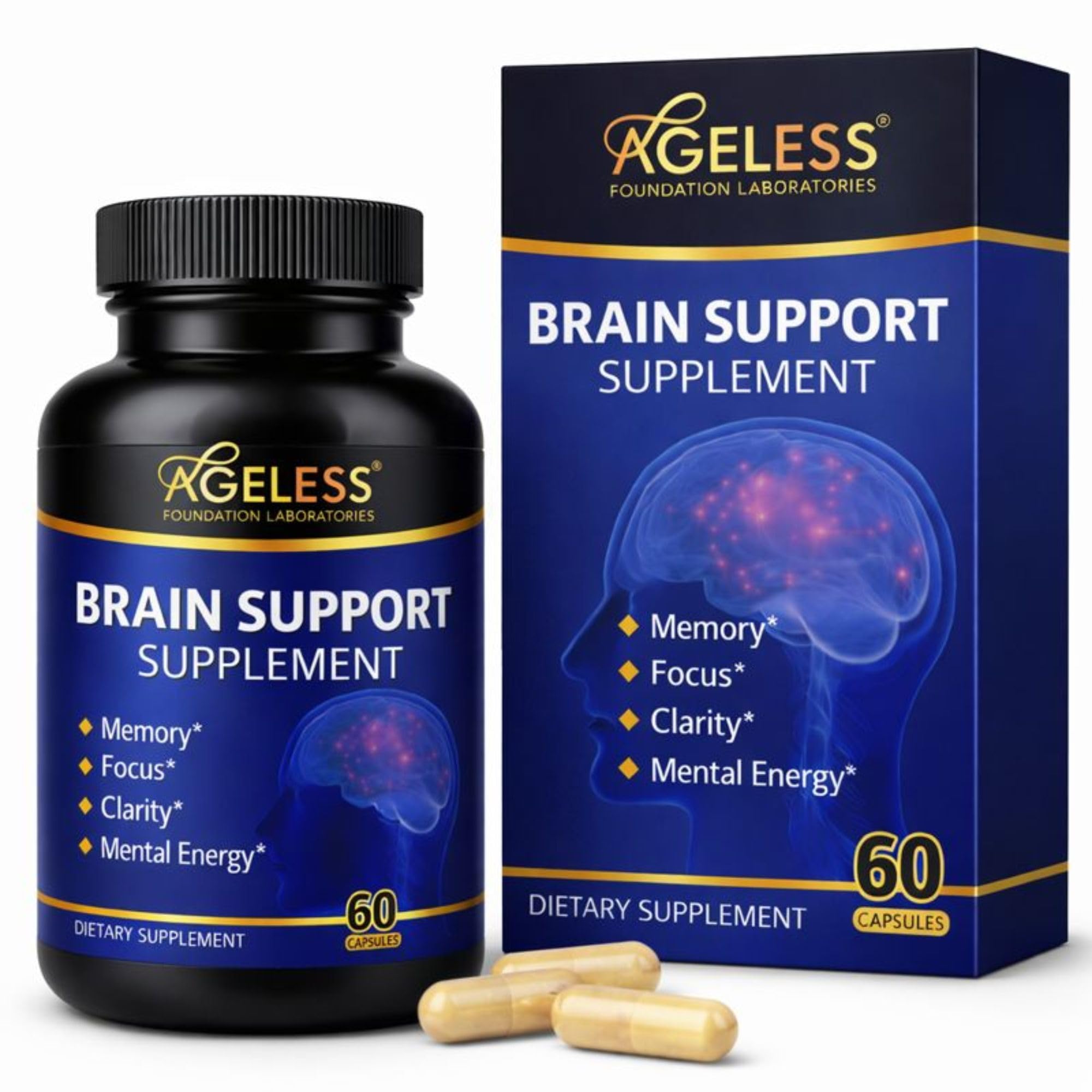 Ageless Brain Supplements for Memory and Focus 1000 MG | Cognitive Improvement | Formulated with Clinically Studied Ingredients | Support Mental Clarity & Neuro Health | Vitamin B6, B12, 60 Capsules Ageless Foundation Laboratories Au supplements