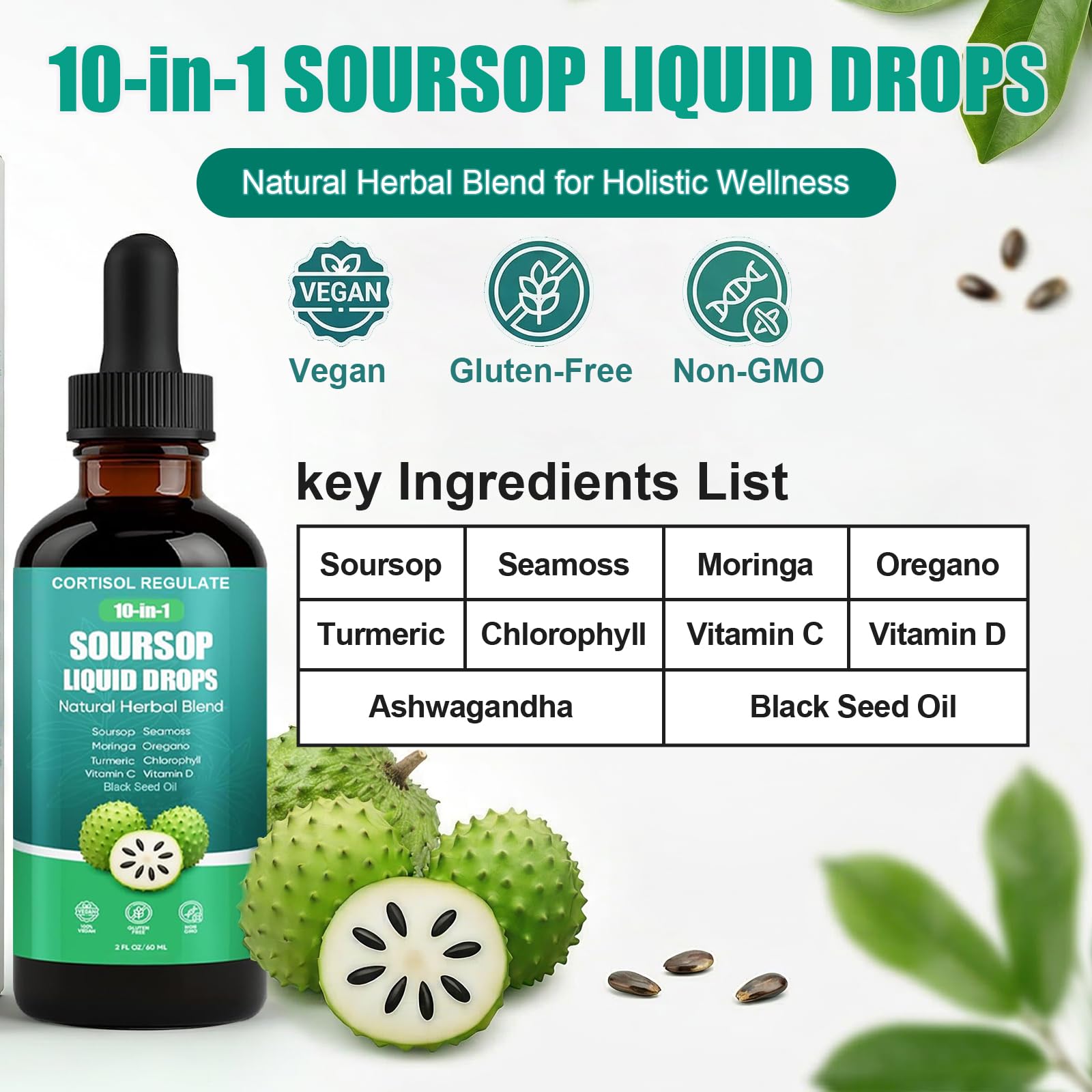 CORTISOL REGULATE Soursop Liquid Drops, 10-in-1 Blend with Sea Moss, Moringa, Turmeric, Black Seed Oil, Oregano, and More, 2 fl oz (1 Pack) CORTISOL REGULATE Au supplements