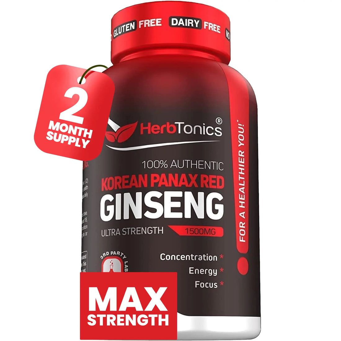 Herbtonics Korean Red Panax Ginseng 1500mg - Energy Supplement for Peak Performance, Focus & Vitality - High Potency Ginseng Root Extract - 120 Vegan Capsules Herbtonics uk supplements