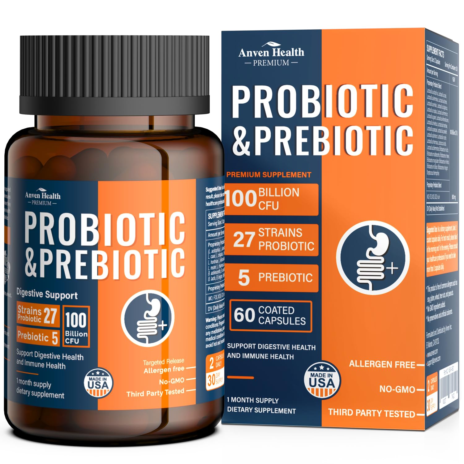 Anven Health 100 Billion Probiotics for Men and Women 27 Strains 5 Organic Prebiotics for Gut Digestive & Immune Health, Supports Diarrhea Gas Bloating, Non-GMO, Zero Fillers – Made in USA丨60 Caps Anven Health Au supplements