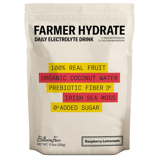 Ballerina Farm Farmer Hydrate, Daily Electrolytes Powder, Raspberry Lemonade, Hydration Drink Mix with Organic Coconut Water, Irish Sea Moss, Sea Salt, Prebiotic Fiber, No Added Sugar, 25 Servings Ballerina FarmUS supplements