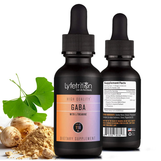 Lyfetrition GABA with L-Theanine, Ginkgo Biloba (Salisburia biloba) Extract, Organic Peruvian MACA Root (Lepidium meyenii) Extract, 118 ml, 4 FL Oz Liquid, 220 Servings, Made in USA, Quick Absorption LyfetritionAu supplements