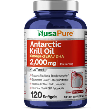 NusaPure Antarctic Krill Oil 2000 mg 120 Softgels, Omega-3 EPA 360mg, DHA 240mg, Soyfree Astaxanthin Supplement Sourced from Krill 800ppm NusaPure Au supplements