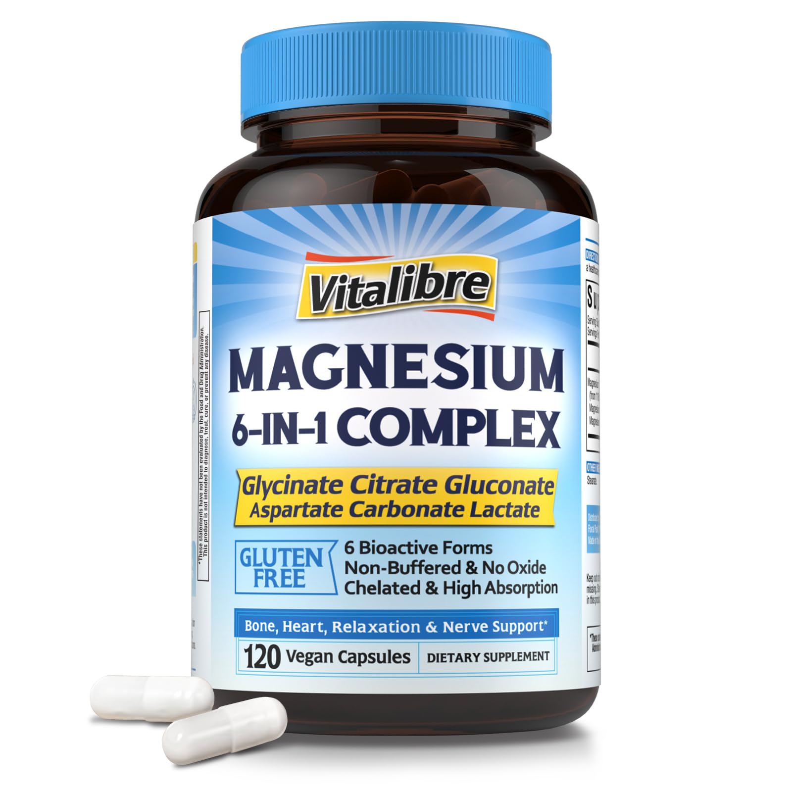 Vitalibre 6 in 1 Magnesium Complex for Women Men, 260mg Elemental Magnesium | Max Absorption | Chelated Magnesium Supplement for Bone, Relaxation & Nerves Support | Non-GMO, 120 Vegan Capsules Vitalibre Au supplements