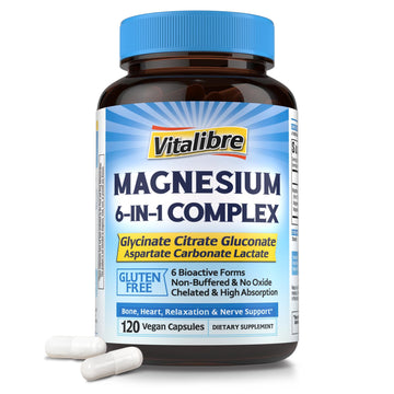 Vitalibre 6 in 1 Magnesium Complex for Women Men, 260mg Elemental Magnesium | Max Absorption | Chelated Magnesium Supplement for Bone, Relaxation & Nerves Support | Non-GMO, 120 Vegan Capsules Vitalibre Au supplements