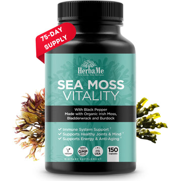 HerbaMe Organic Irish Sea Moss with Bladderwrack, Burdock Root & Black Pepper Extract, 150 Capsules, Thyroid Support, Natural Iodine Source, Promotes Immune System, Cell Food, Alkaline Supplement HerbaMe Au supplements