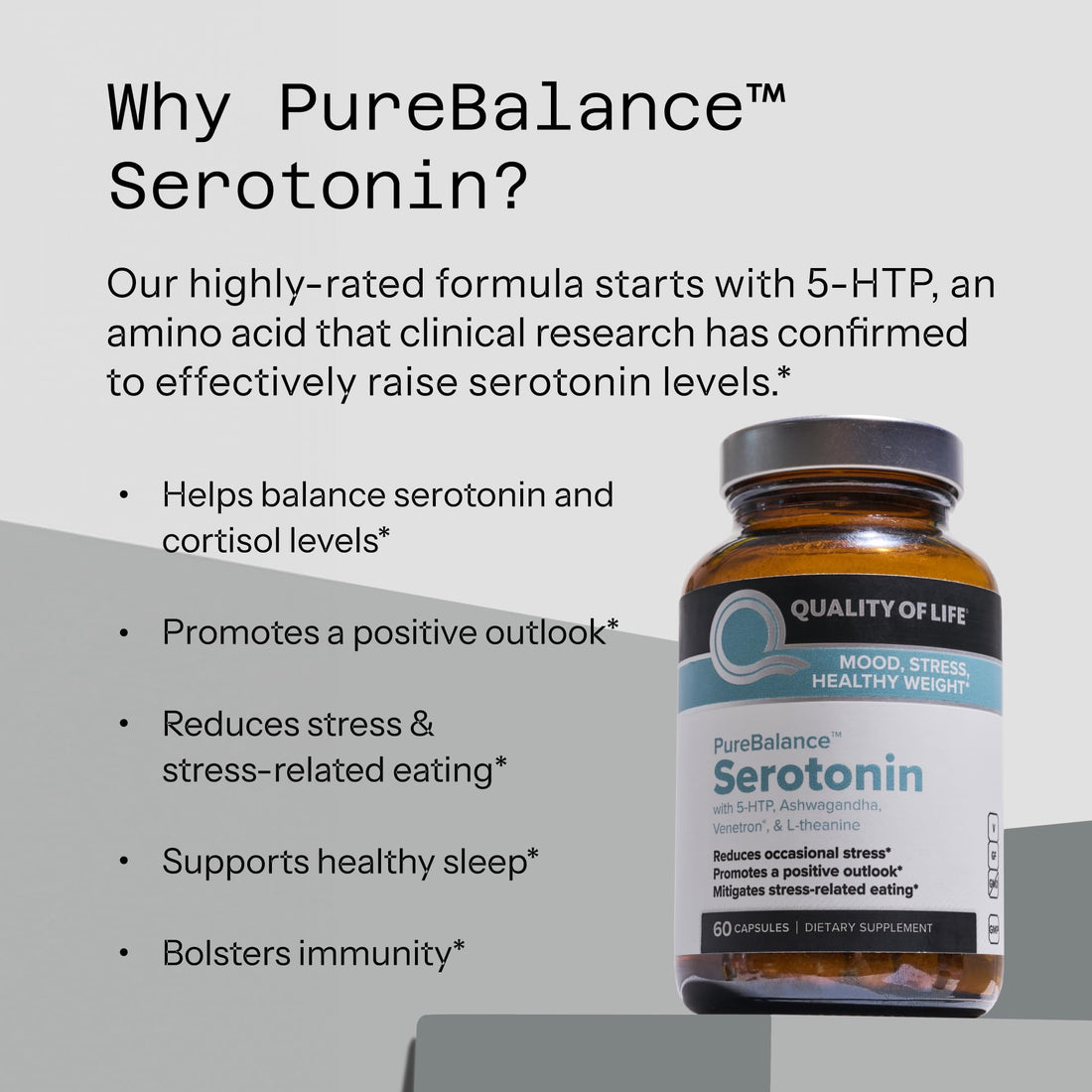 Quality of Life Pure Balance Serotonin Premium–Helps Boost Serotonin & Cortisol Levels - Includes 5-HTP, Venetron, Sensoril, Vitamin D3 & L-Theanine–60 Capsules Quality of Life Au supplements